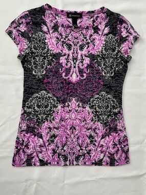 INC International Concepts Pink Black Baroque Rhinestone Detail Top Size M